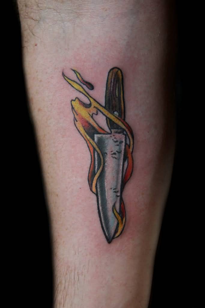 Amazing Chef Knife With Flames Tattoo On Forearm