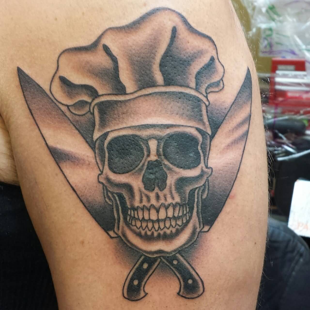 Amazing Chef Skull With Crossed Knives Tattoo