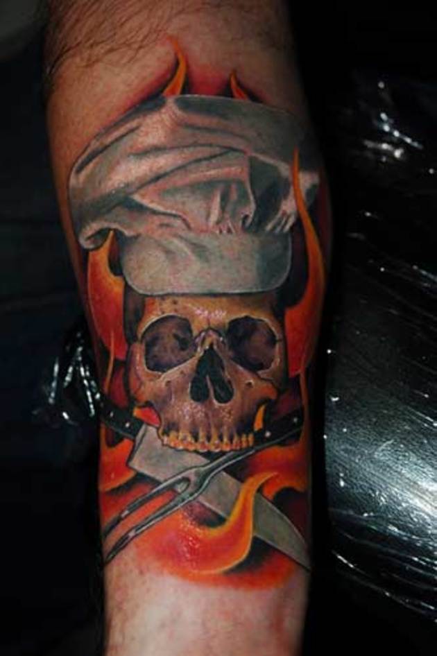 Amazing Chef Skull With Red Flames And Knives Tattoo