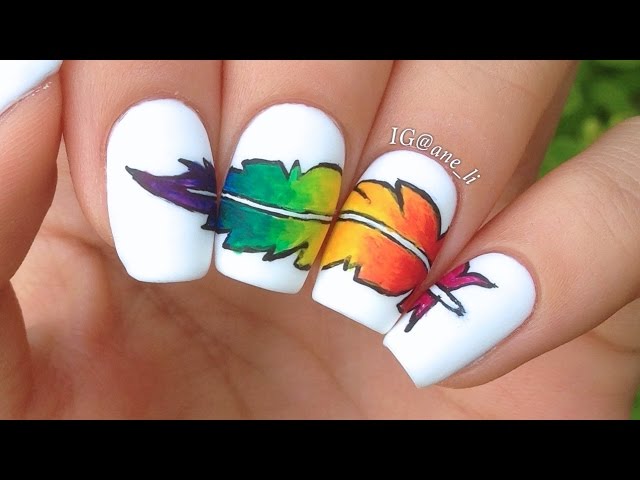 Amazing Rainbow Feather Nail Art Design