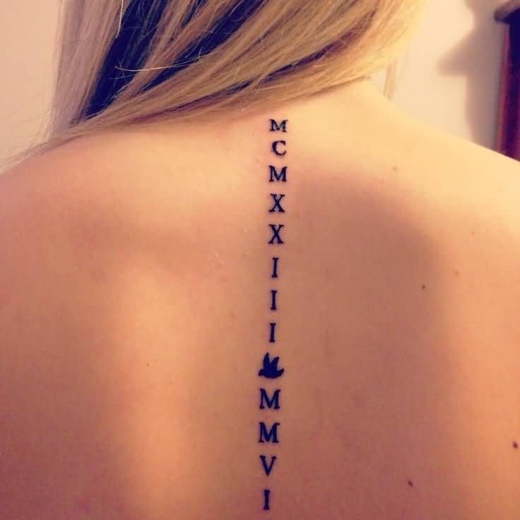 Amazing Roman Numerals  With Bird Tattoo On Spinal Cord