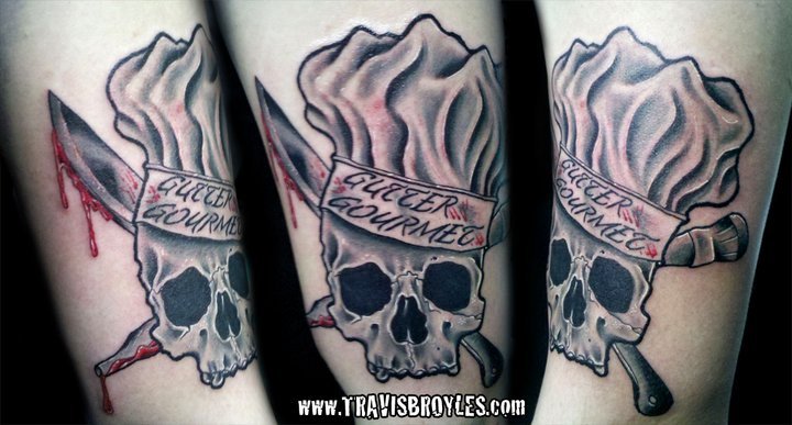Amazing Skull With Chef Hat And Knives Tattoo