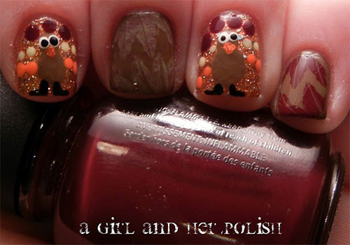 Amazing Turkey With Polka Dots Nail Art For Thanksgiving
