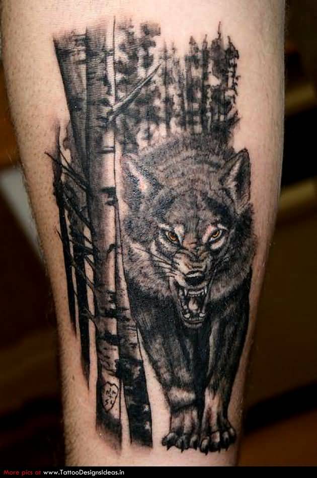Angry Wolf And Bamboo Forest Tattoo On Sleeve