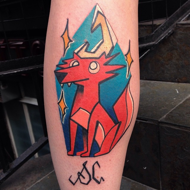 Animated Red Coyote Tattoo On Back Leg