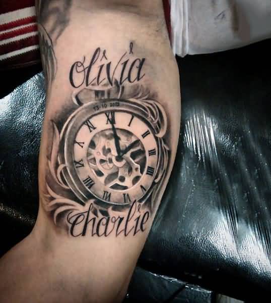 Antique Roman Numeral Clock With Olivia Charlie Tattoo On Bicep