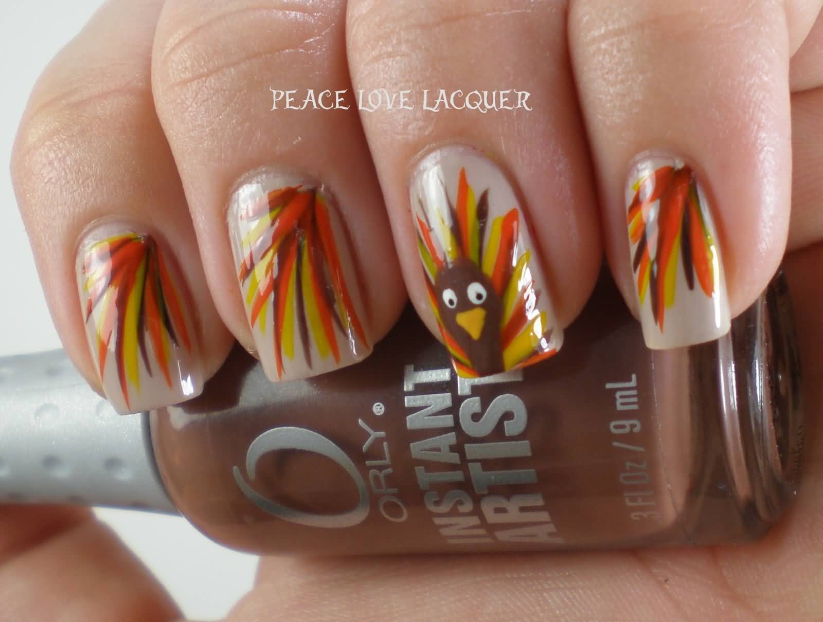 Autumn Leaves And Accent Turkey Design Thanksgiving Nail Art