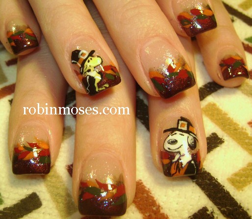 Autumn Leaves French Tip With Snoopy Dog Thanksgiving Nail Art