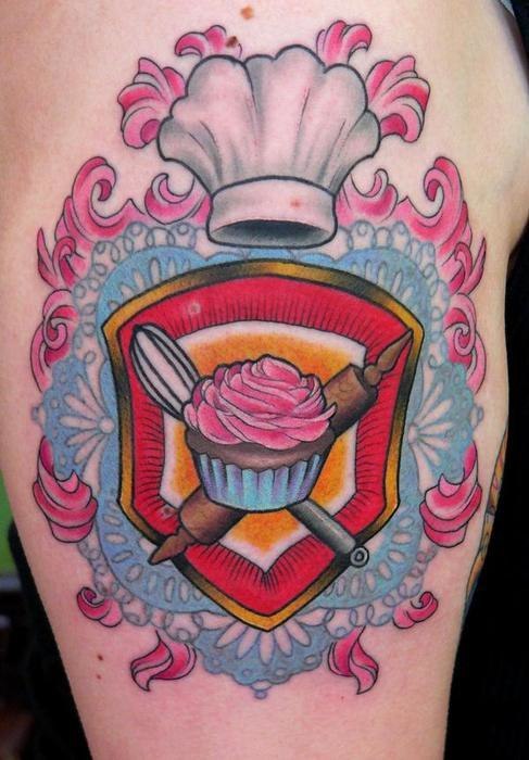 Awesome Colorful Chef Hat With Cake Tattoo