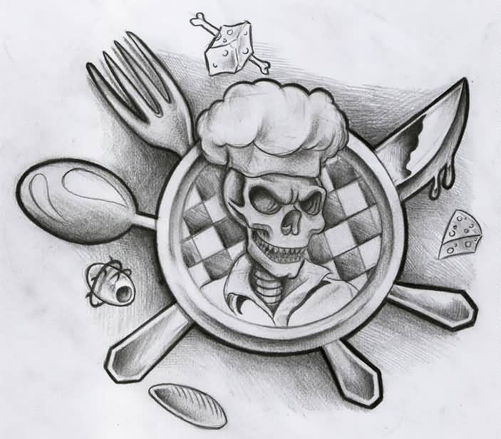 Awesome Evil Chef With Spoon, Fork And Knife Tattoo Design