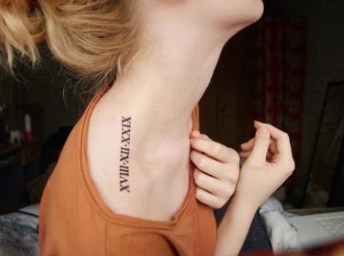 Awesome Roman Numerals Date Tattoo On Right Shoulder For Girl