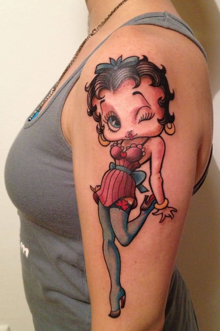 Beautiful Betty Boop Tattoo On Girl Left Half Sleeve