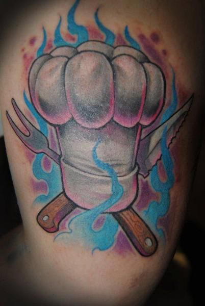 Beautiful Chef Hat With Crossed Knives And Blue Flames Tattoo