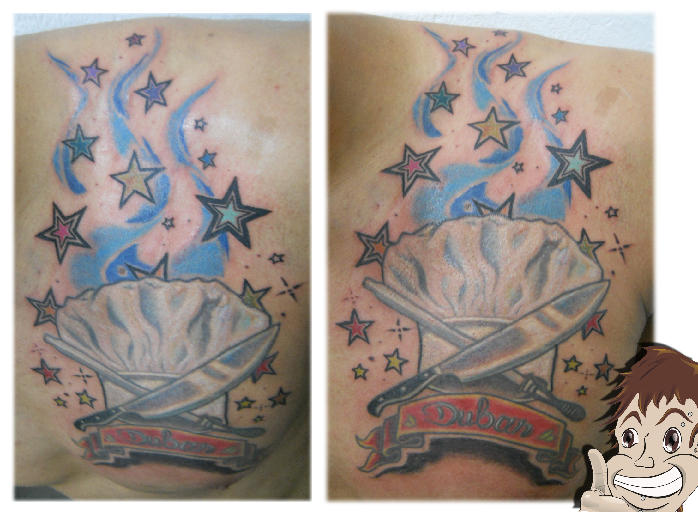 Beautiful Chef Hat With Stars And Banner Tattoo