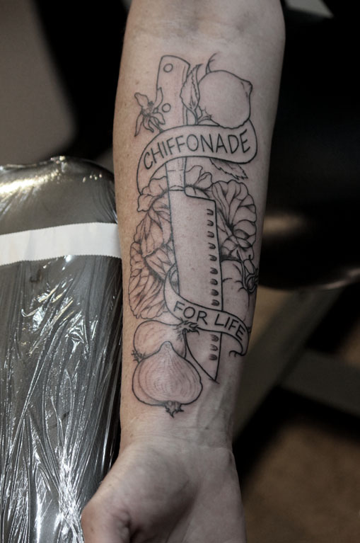 Beautiful Chef Knife With Garlics And Chifonade On Banner Tattoo On Forearm