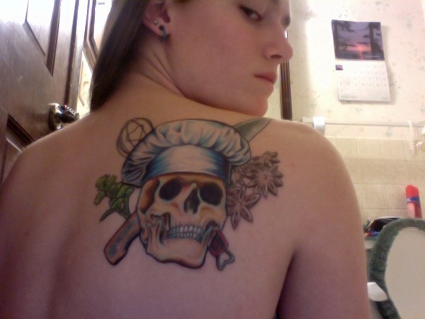 Beautiful Chef Skull With Crossed Knife And Egg Beater Tattoo On Right Upper Back