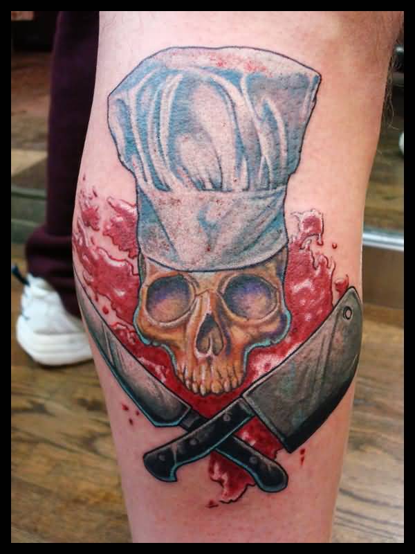 Beautiful Chef Skull With Flames And Crossed Knives Tattoo