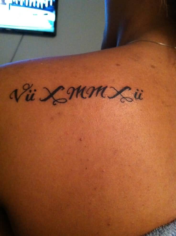 Beautiful Cursive Roman Numerals Tattoo On Left Back Shoulder