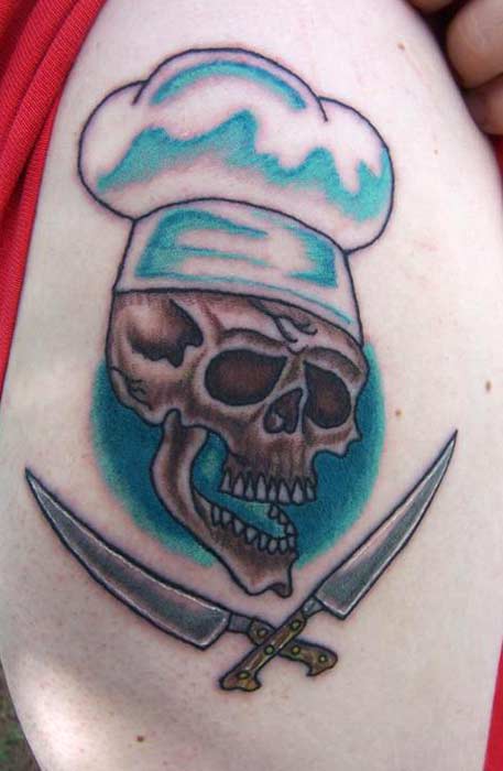 Beautiful Laughing Chef Skull With Crossed Knives Tattoo On Half Sleeve