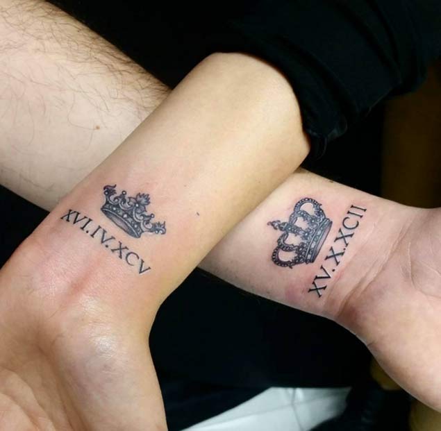 Beautiful Matching Roman Numerals With Crown Tattoos On Wrist By