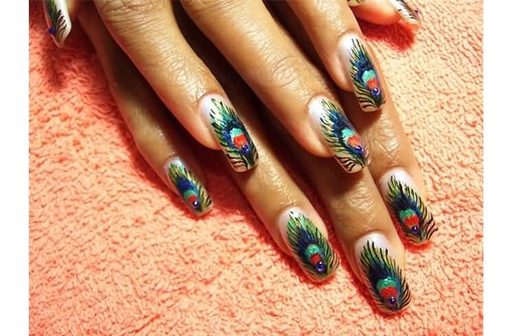 Beautiful Peacock Feather Nail Art Design