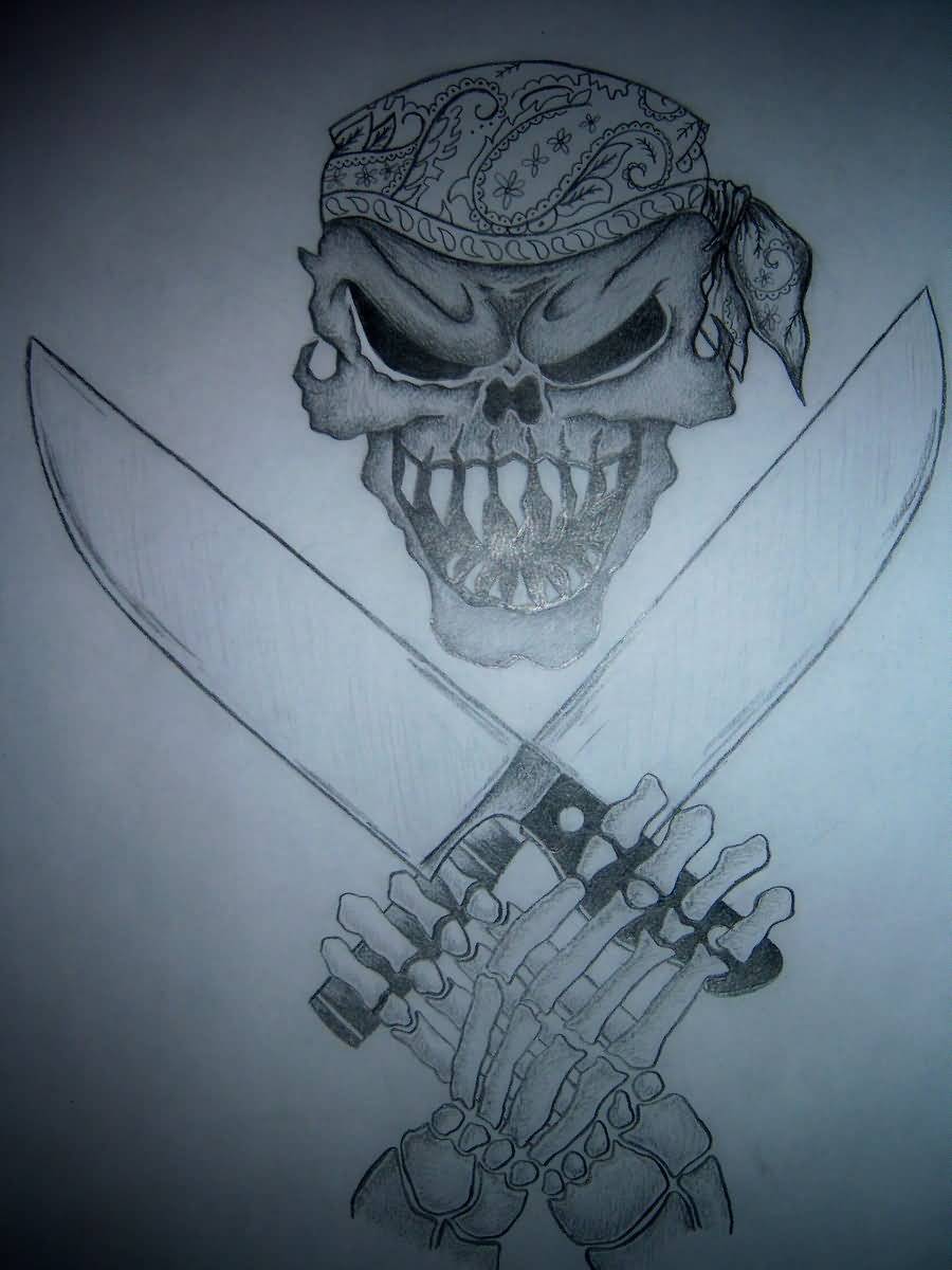 Beautiful Pirate Skull With Chef Knives Tattoo Design