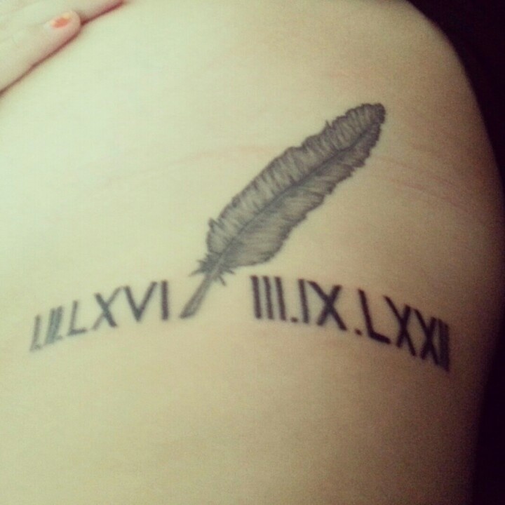 Beautiful Roman Numerals With Feather Tattoo