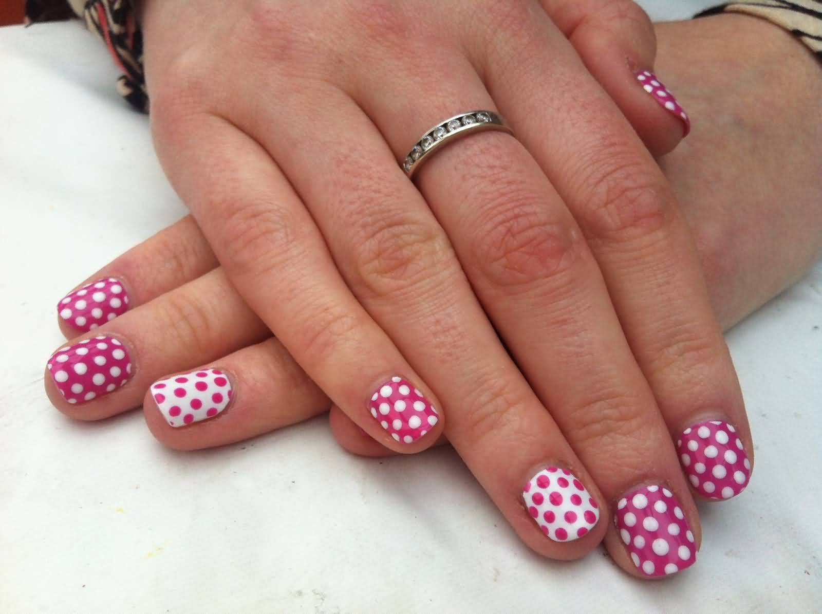 Beautiful White And Pink Polka Dots Nail Art