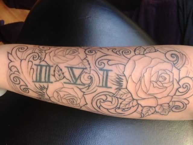 Beautifuly Designed Roman Numerals With Flowers Tattoo On Forearm