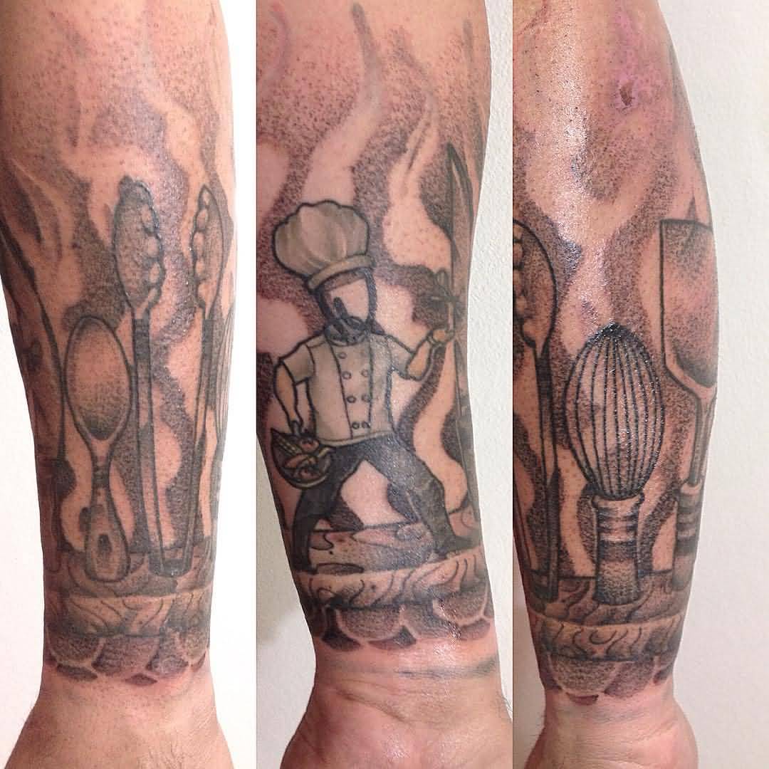 Beautifuly Made Chef With Spoons And Egg Beater, Fry Spoon Tattoo On Forearm
