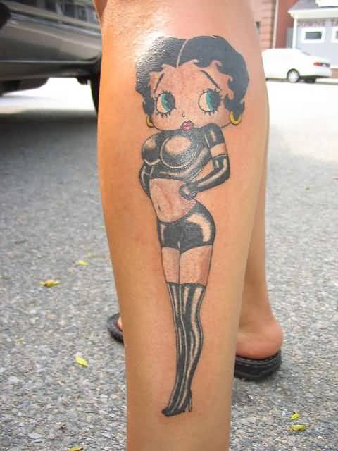 Betty Boop In Black Dress Tattoo On Side Leg
