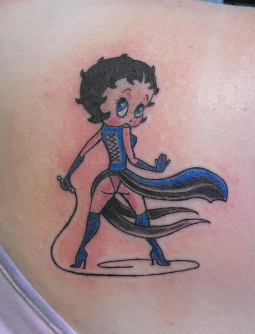 Betty Boop In Blue Dress Tattoo On Back Shoulder