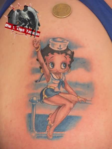 Betty Boop In Blue Dress Tattoo On Shoulder
