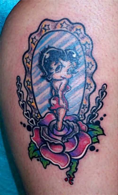 Betty Boop In Mirror Frame With Rose Tattoo