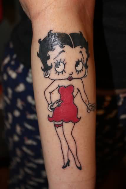Betty Boop In Red Dress Tattoo On Girl Arm