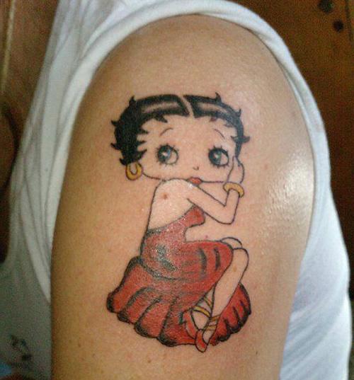 Betty Boop In Red Dress Tattoo On Left Shoulder