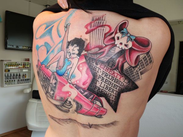 Betty Boop Sit On Red Car Tattoo On Back