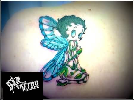 Betty Boop With Blue Wings Tattoo On Shoulder
