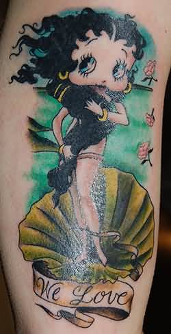 Betty Boop With Conch Shell Tattoo On Leg