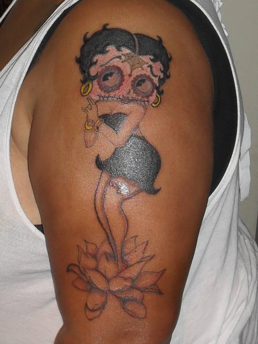 Betty Boop With Sugar Skull Tattoo On Left Half Sleeve