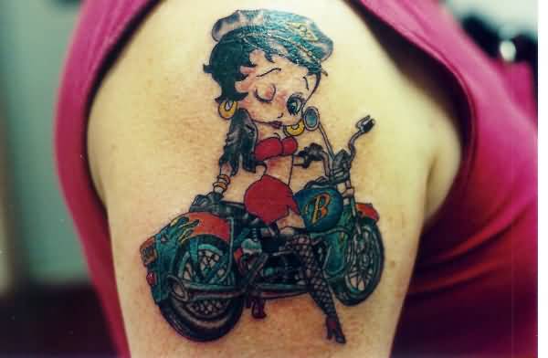 Biker Betty Boop Tattoo On Right Shoulder