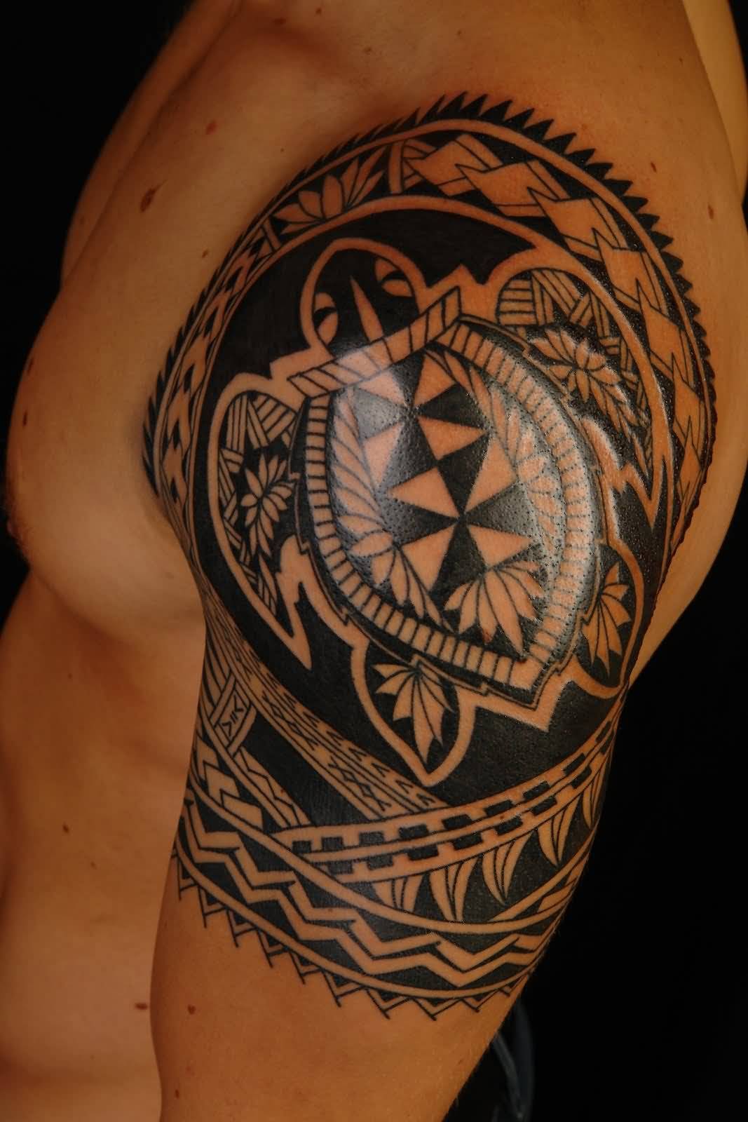 Black Aboriginal Turtle Tattoo on Left Shoulder