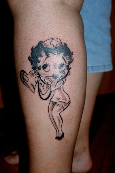 Black And Grey Betty Boop Tattoo On Side Leg