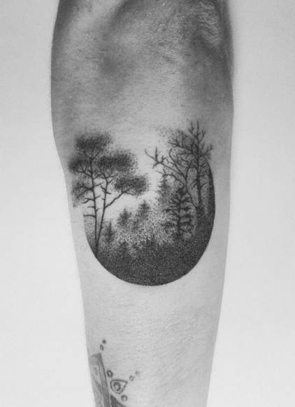 Black And Grey Dotwork Forest In Moon Tattoo On Arm Sleeve
