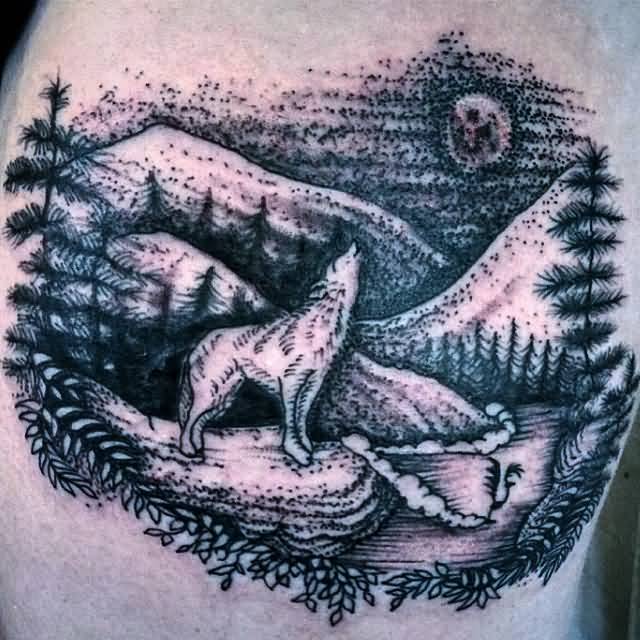 Black And Grey Dotwotk Coyote Tattoo