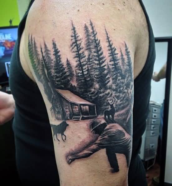 Black And Grey Forest Tattoo On Left Shoulder