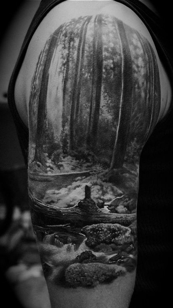 Black And Grey Forest Tattoo On Right Half Sleeve