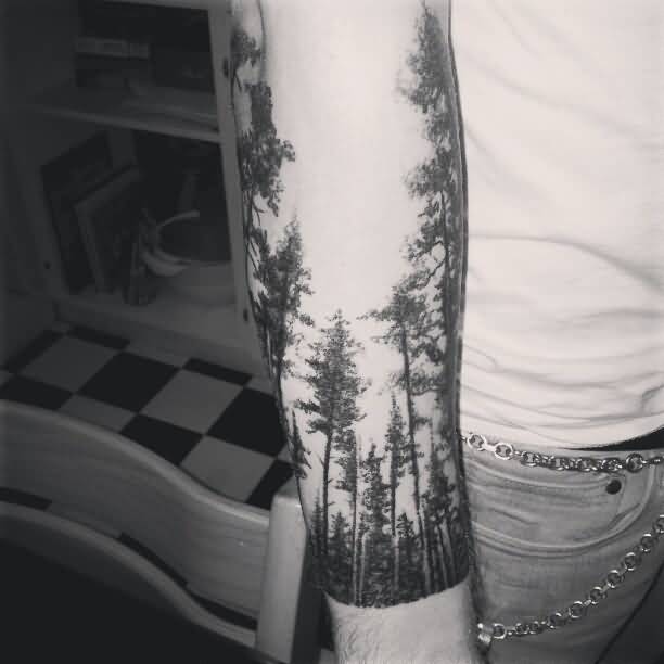 Black And Grey Forest Tattoo On Right Sleeve