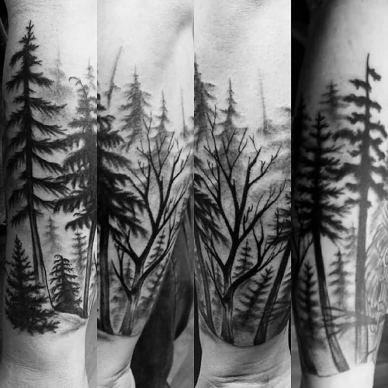 Black And Grey Forest Tree Tattoo On Arm Sleeve