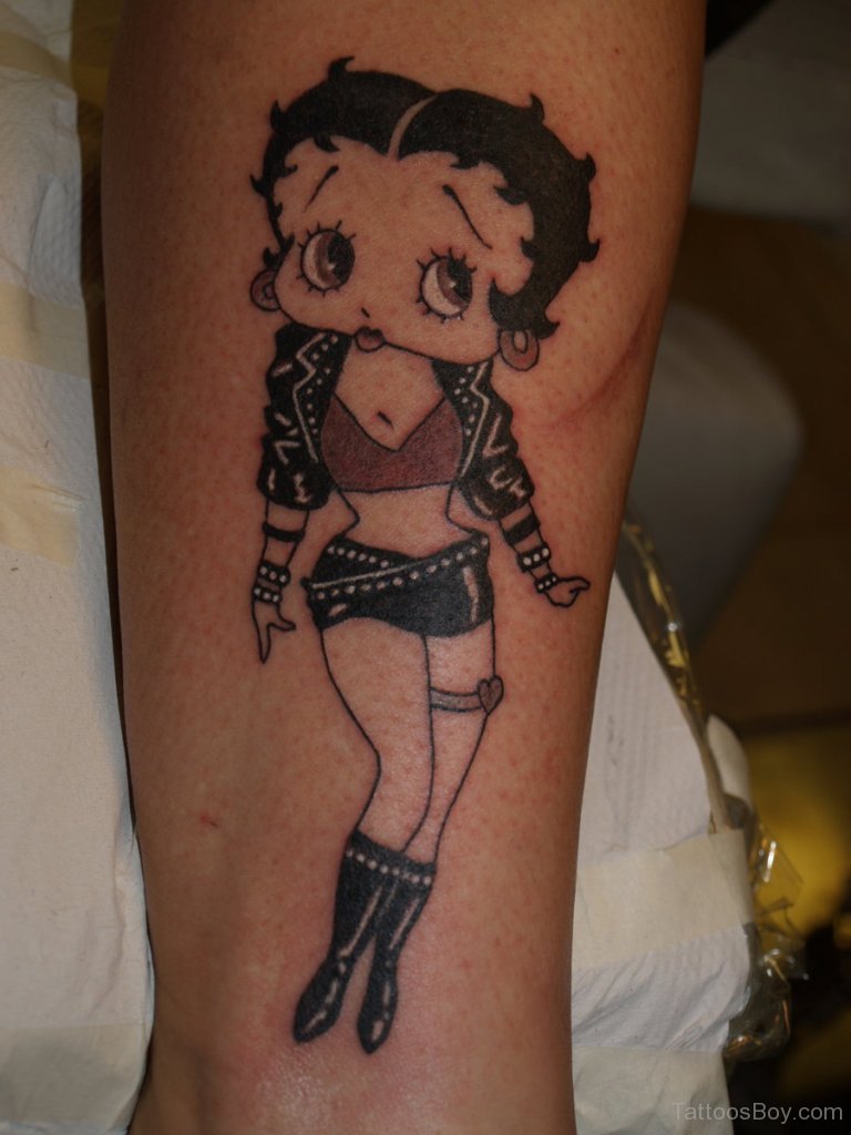Black And Grey Ink Betty Boop Tattoo On Leg